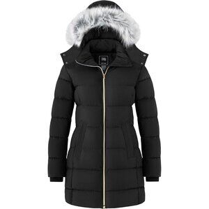 Women's Removable Hood Winter Warm Black Quilted Puffer Jacket Coat Length